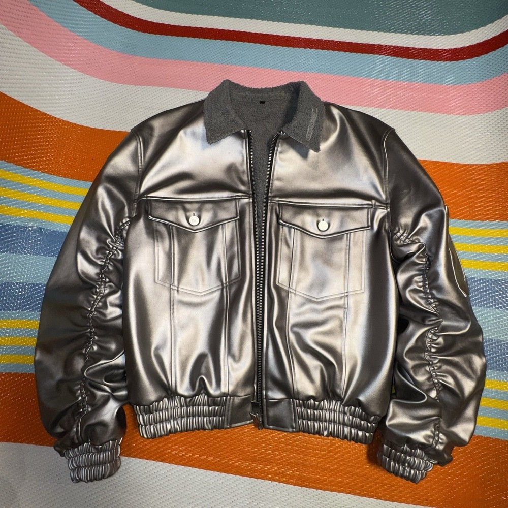 Diet Starts Monday Silver Platinum Leather Bomber Coat Men Large Sample Release